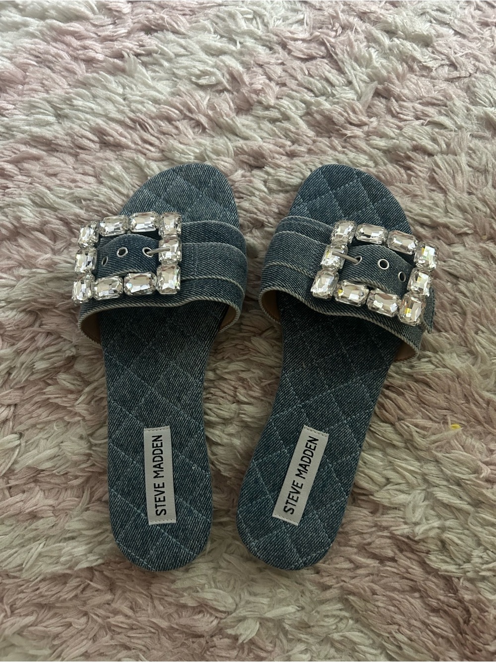 Steve Madden Denim Slide Sandals with Crystal Buckle - Dark Blue - Picture 4 of 4
